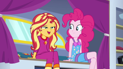 Size: 1600x900 | Tagged: safe, screencap, pinkie pie, sunset shimmer, better together, equestria girls, sunset's backstage pass!, clothes, pajamas, sleeveless