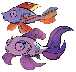 Size: 669x633 | Tagged: safe, artist:andypriceart, derpibooru import, idw, rainbow dash, rarity, fish, spoiler:comic, spoiler:comic78, cropped, cute, female, fishified, goldfish, majestic, maybe salmon, not salmon, rainbow trout, rarifish, simple background, species swap, transparent background, wat