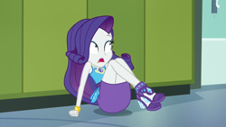 Size: 1280x720 | Tagged: safe, screencap, rarity, best trends forever, best trends forever: rainbow dash, better together, equestria girls, canterlot high, door, hallway, high heels, legs, lockers, pencil skirt, shoes, sitting on floor, solo