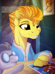 Size: 1024x1365 | Tagged: safe, artist:lupiarts, derpibooru import, spitfire, pony, clothes, desk, female, mare, poster, signature, smiling, solo