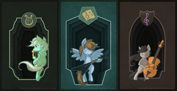 Size: 900x464 | Tagged: dead source, safe, artist:thenecrobalam, lyra heartstrings, octavia melody, oc, oc:claire anne carr, earth pony, pegasus, pony, semi-anthro, unicorn, bipedal, cello, eyes closed, female, flying, flying v, grin, guitar, hoof hold, lyre, male, mare, musical instrument, smiling, smirk, spread wings, stallion, underhoof, unshorn fetlocks, wings