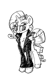 Size: 552x780 | Tagged: safe, artist:shoeunit, rarity, pony, unicorn, black and white, clothes, female, grayscale, ink, jacket, mare, monochrome, simple background, solo, traditional art, white background