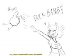 Size: 1190x1023 | Tagged: safe, artist:lil miss jay, oc, oc only, anthro, duck, bomb, duck bomb, mismatched eyes, monochrome, open mouth, quack, smiling, throwing, tongue out, wat, weapon, wide eyes