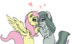 Size: 1043x633 | Tagged: safe, artist:saphi-boo, fluttershy, marble pie, pegasus, pony, chest fluff, fangs, female, fluffy, lesbian, marbleshy, shipping