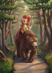 Size: 865x1200 | Tagged: safe, artist:maggwai, angel bunny, fluttershy, harry, bear, pegasus, pony, female, forest, looking at you, mare, path, ponies riding bears, riding, trio