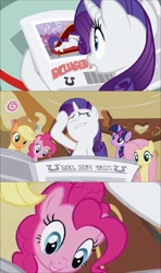 Size: 854x1440 | Tagged: safe, screencap, applejack, fluttershy, pinkie pie, rarity, twilight sparkle, earth pony, pegasus, pony, unicorn, ponyville confidential, cute, drama queen, marshmelodrama, newspaper, out of context, sugarcube corner, varying degrees of want, zoomed in