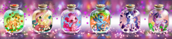 Size: 2075x480 | Tagged: safe, artist:hinoraito, derpibooru import, applejack, fluttershy, pinkie pie, rainbow dash, rarity, twilight sparkle, earth pony, pegasus, pony, unicorn, bottle, cork, cute, jar, mane six, pony in a bottle