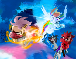 Size: 1188x918 | Tagged: safe, artist:hinoraito, derpibooru import, rainbow dash, oc, oc:striderloo, pegasus, pony, race