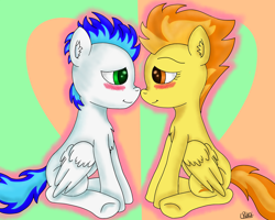 Size: 2500x2000 | Tagged: safe, artist:plukol, derpibooru import, spitfire, oc, oc:hurrcio, blushing, boop, canon x oc, cute, eye contact, female, heart, looking at each other, love, male, noseboop, shipping, simple background, sitting, straight