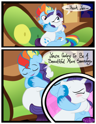 Size: 3500x4500 | Tagged: safe, artist:becauseimpink, derpibooru import, elusive, rainbow blitz, rainbow dash, rarity, pegasus, pony, unicorn, comic:transition, comic, dialogue, eyes closed, gay, hug, male, rule 63, sitting, smiling, sofa, transgender, unshorn fetlocks