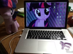 Size: 2048x1536 | Tagged: safe, derpibooru import, twilight sparkle, computer, irl, laptop computer, macbook, photo, plushie, sticker, wallpaper