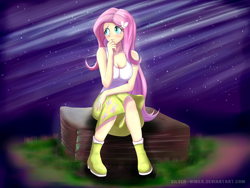 Size: 1200x900 | Tagged: safe, artist:silver-wingx, fluttershy, equestria girls, breasts, clothes, female, hootershy, pondering, sitting, solo, tanktop