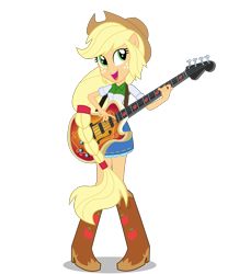 Size: 2160x2477 | Tagged: safe, artist:sigmastarlight, applejack, equestria girls, rainbow rocks, bass guitar, clothes, denim skirt, freckles, musical instrument, open mouth, ponied up, pony ears, simple background, skirt, solo, transparent background, vector