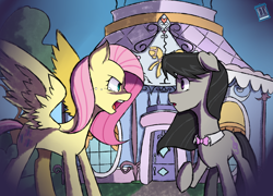 Size: 2000x1440 | Tagged: safe, artist:xonitum, fluttershy, octavia melody, earth pony, pegasus, pony, angry, black mane, black tail, bowtie, carousel boutique, crying, detailed background, female, females only, gray coat, mare, open mouth, pink mane, pink tail, raised hoof, raised leg, spread wings, wings, yellow coat