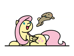 Size: 900x675 | Tagged: safe, artist:flutterluv, fluttershy, pegasus, pony, rabbit, happy, leap day, leap year, open mouth, prone