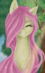 Size: 1240x2000 | Tagged: safe, artist:alicesmitt31, fluttershy, pegasus, pony, bust, eyes closed, female, hair over one eye, looking at you, mare, portrait, smiling, solo, tree