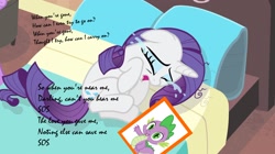 Size: 1920x1079 | Tagged: safe, artist:didgereethebrony, rarity, spike, dragon, pony, unicorn, abba, bed, crying, female, implied spike, lyrics, male, picture frame, shipping, solo, song reference, sos, sparity, straight