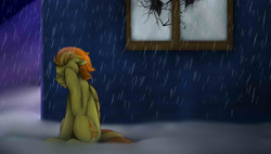 Size: 1266x718 | Tagged: safe, artist:ggchristian, derpibooru import, spitfire, pony, broken window, crying, rain, sitting, snow, solo, window