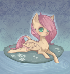 Size: 600x635 | Tagged: dead source, safe, artist:misukitty, fluttershy, pegasus, pony, cute, prone, solo, water