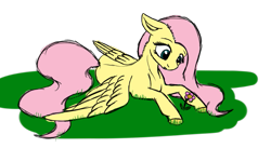 Size: 801x440 | Tagged: safe, artist:fullmoondagger, fluttershy, pegasus, pony, floppy ears, flower, looking at something, looking down, lying down, simple background, solo, spread wings