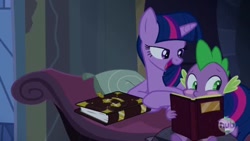 Size: 640x360 | Tagged: safe, derpibooru import, edit, edited screencap, screencap, spike, twilight sparkle, alicorn, dragon, pony, castle mane-ia, blush sticker, blushing, book, exploitable, exploitable meme, hub logo, meme, spike blushing at a book meme, template, twilight's bad pickup lines, wingless edit