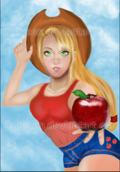 Size: 414x590 | Tagged: safe, artist:durriken, applejack, human, apple, blonde, clothes, cowboy hat, denim, freckles, hat, humanized, shorts