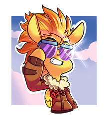 Size: 1492x1687 | Tagged: safe, artist:sourspot, derpibooru import, spitfire, pegasus, pony, bomber jacket, clothes, grin, jacket, smiling, sunglasses