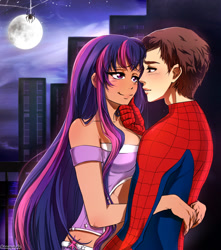 Size: 800x906 | Tagged: safe, artist:sanaya, derpibooru import, twilight sparkle, human, spider, amethyst sorceress, couple, crossover, crossover shipping, humanized, moon, peter parker, shipping, spider-man, spiders and magic: rise of spider-mane, spidertwi