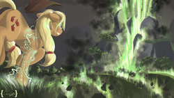 Size: 1920x1080 | Tagged: safe, artist:doomsp0rk, applejack, earth pony, pony, awesome, badass, earth pony magic, earthbending, earthquake, fissure, magic, mountain, runes, solo, tree