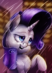 Size: 1024x1448 | Tagged: safe, artist:xormak, rarity, pony, unicorn, female, mare, nightmare fuel, rain, smiling, solo, uncanny valley