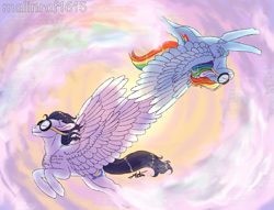 Size: 1175x900 | Tagged: safe, artist:malinraf1615, derpibooru import, rainbow dash, soarin', pegasus, pony, cloud, female, flying, goggles, happy, male, shipping, signature, soarindash, straight, sun