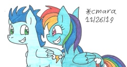 Size: 1119x590 | Tagged: safe, artist:cmara, derpibooru import, rainbow dash, soarin', pegasus, pony, female, male, mare, old cutie mark, shipping, soarindash, stallion, straight, traditional art