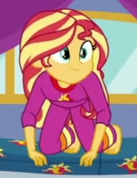 Size: 717x936 | Tagged: safe, screencap, sunset shimmer, equestria girls, equestria girls series, sunset's backstage pass!, spoiler:eqg series (season 2), barefoot, clothes, cropped, cute, feet, humans doing horse things, pajamas, shimmerbetes, solo