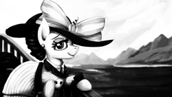 Size: 2000x1125 | Tagged: safe, artist:blackligerth, editor:eagle1division, rarity, pony, unicorn, ppov, black and white, clothes, costume, grayscale, hat, monochrome, ocean, old photo, old timey, raristocrat, rose dewitt bukater, solo, titanic