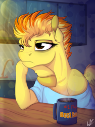 Size: 3000x4000 | Tagged: safe, artist:lupiarts, derpibooru import, spitfire, pony, coffee, digital art, female, mare, morning, mug, solo, tired