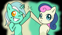 Size: 1920x1080 | Tagged: safe, artist:thegarry-d, derpibooru import, bon bon, lyra heartstrings, sweetie drops, duo, hoofbump, wallpaper