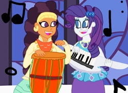 Size: 1048x762 | Tagged: safe, artist:ktd1993, rarity, saffron masala, equestria girls, drums, female, keytar, lesbian, musical instrument, raffron, shipping