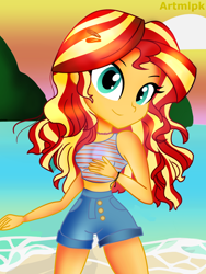 Size: 1800x2400 | Tagged: safe, artist:artmlpk, sunset shimmer, equestria girls, alternate hairstyle, beach, bracelet, choker, clothes, cute, denim shorts, digital art, female, hair, hairpin, jewelry, looking at you, ocean, shimmerbetes, shorts, smiling, smiling at you, solo, vacation