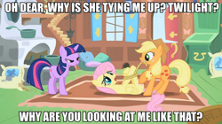 Size: 1000x560 | Tagged: safe, edit, edited screencap, screencap, applejack, fluttershy, twilight sparkle, earth pony, pegasus, pony, unicorn, the return of harmony, bedroom eyes, bondage, caption, female, hogtied, image macro, imminent rape, implied rape, mare, on back, out of context, rope, tied up