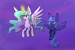 Size: 1500x1000 | Tagged: safe, artist:heir-of-rick, princess celestia, princess luna, alicorn, pony, duo, ear fluff, female, flying, freckles, glowing horn, impossibly large ears, magic, mare, night, royal sisters, s1 luna, sisters, spread wings, stars, wings