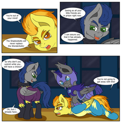 Size: 1894x1912 | Tagged: safe, artist:thexiiilightning, derpibooru import, spitfire, bat pony, pegasus, pony, angry, arm behind back, armor, bondage, butt, clothes, comic, costume, eyebrows, fangs, female, guard, helmet, male, mare, mocking, open mouth, plot, shadowbolts, shadowbolts costume, speech bubble, talking, text, tied up, uniform, wonderbolts, wonderbolts uniform