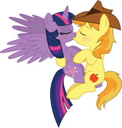 Size: 3992x4186 | Tagged: safe, artist:benybing, derpibooru import, braeburn, twilight sparkle, twilight sparkle (alicorn), alicorn, pony, blushing, crack shipping, cuddling, eyes closed, female, holding hooves, kissing, male, mare, shipping, simple background, snuggling, spread wings, straight, transparent background, twiburn, vector