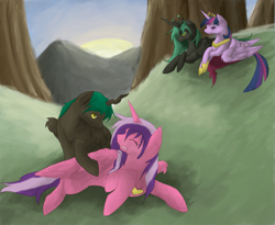 Size: 1305x1071 | Tagged: safe, artist:risketch, derpibooru import, twilight sparkle, twilight sparkle (alicorn), oc, oc:starlight, oc:tyke, alicorn, changeling, pony, alicorn oc, green changeling, offspring, parent:oc:courageous heart, parent:queen chrysalis, parent:twilight sparkle, parents:canon x oc