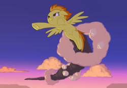 Size: 1280x893 | Tagged: safe, artist:carnifex, derpibooru import, spitfire, pegasus, pony, cloud, evening, female, flying, mare, sky, smiling, smoke trail, solo, wings