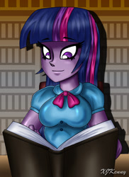 Size: 550x756 | Tagged: safe, artist:xjkenny, derpibooru import, twilight sparkle, equestria girls, book, breasts, female, solo