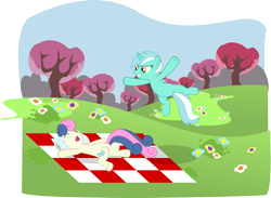 Size: 2635x1932 | Tagged: safe, artist:saturdaymorningproj, bon bon, lyra heartstrings, sweetie drops, earth pony, pony, unicorn, female, lesbian, lyrabon, mare, pillow, shipping, sleeping, tree