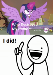 Size: 423x597 | Tagged: safe, derpibooru import, screencap, twilight sparkle, twilight sparkle (alicorn), alicorn, pony, twilight's kingdom, asdfmovie, exploitable meme, female, mare, meme, this will end in tears and/or death, too dumb to live, who destroyed twilight's home