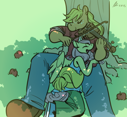 Size: 500x461 | Tagged: safe, artist:rwl, applejack, fluttershy, anthro, apple, appleshy, clothes, eyes closed, female, hug, lesbian, open mouth, shade, shipping, tanktop, tree, violin