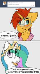 Size: 775x1413 | Tagged: safe, artist:starrypallet, princess celestia, sunburst, alicorn, pony, ask, ask princess sunburst, clothes, crossdressing, crown, female, glasses, jewelry, male, princess, regalia, stallion, text, trollestia, tumblr