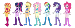 Size: 4819x1841 | Tagged: safe, artist:invisibleink, edit, applejack, fluttershy, pinkie pie, rainbow dash, rarity, sci-twi, sunset shimmer, twilight sparkle, equestria girls, belly button, boots, clothes, commission, cutie mark, cutie mark on clothes, cutie mark on equestria girl, cutie mark tattoo, elbow pads, female, group, humane five, humane seven, humane six, knee pads, shoes, simple background, sports, sports bra, sports panties, sports shorts, transparent background, vector, wrestler, wrestling